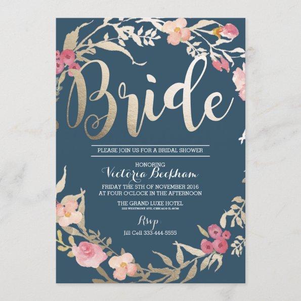 Bridal shower Invitations, Navy floral foil bride Invitations