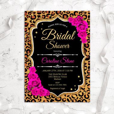 Bridal Shower Invitations Pink Roses Leopard Print