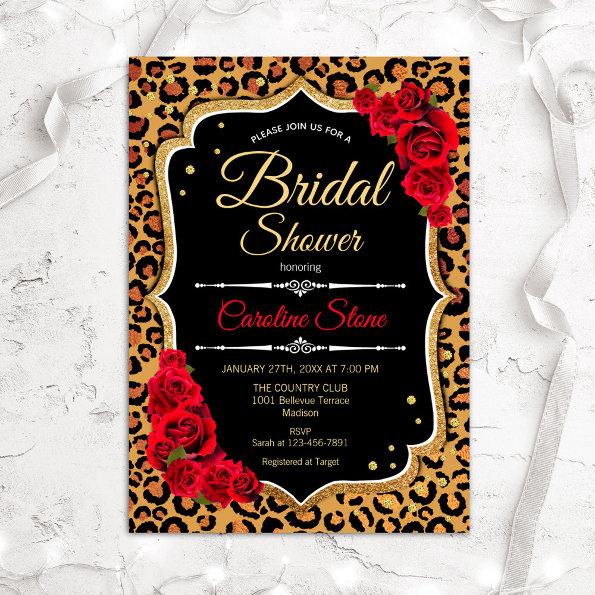 Bridal Shower Invitations Red Roses Leopard Print