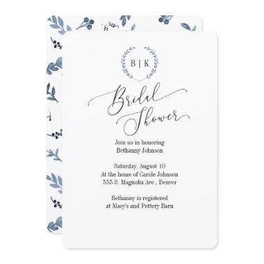 Bridal Shower Invitations with blue laurel monogram