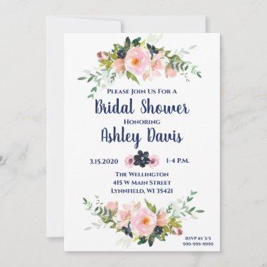 Bridal Shower Invitations Pink Navy Floral Brunch