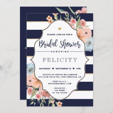 Bridal Shower Invite Floral Flowers & Navy Stripes