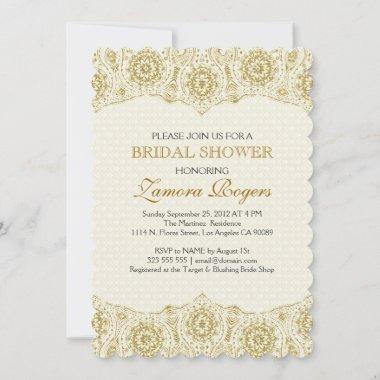 Bridal Shower Invite Gold Lace Beige Damasks