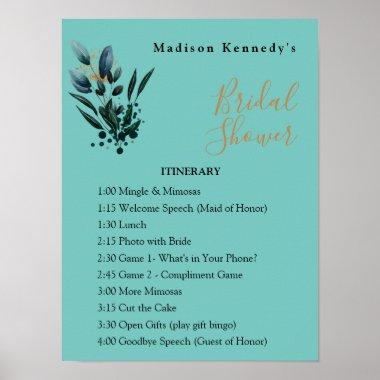 Bridal Shower Itinerary Plan Teal Blue Floral Fab Poster