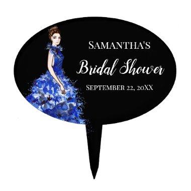 Bridal Shower Lady with Sparkly Blue Gown Fashion Cake Topper