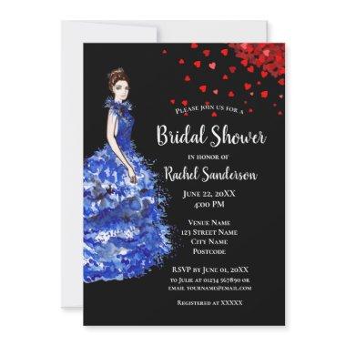 Bridal Shower Lady with Sparkly Blue Gown Heart Invitations