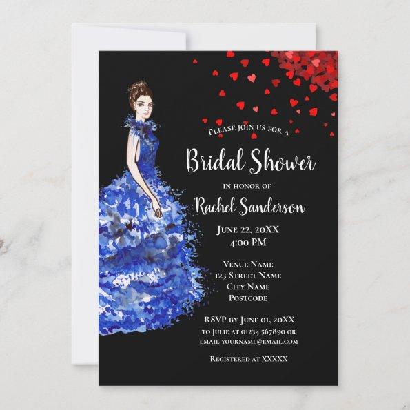 Bridal Shower Lady with Sparkly Blue Gown Heart Invitations