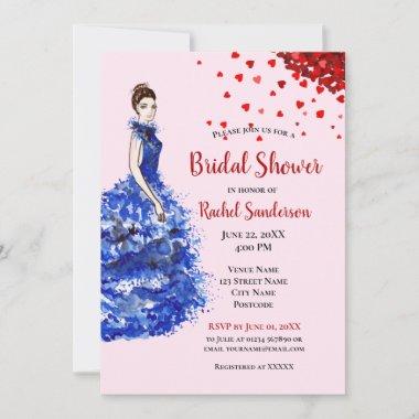Bridal Shower Lady with Sparkly Blue Gown Heart Invitations