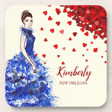 Bridal Shower Lady with Sparkly Blue Gown Hearts B Beverage Coaster