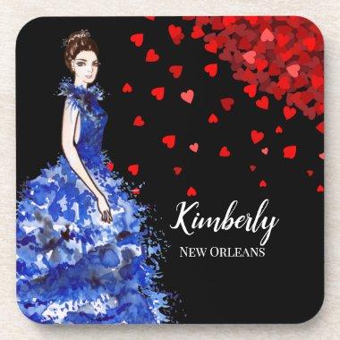 Bridal Shower Lady with Sparkly Blue Gown Hearts Beverage Coaster