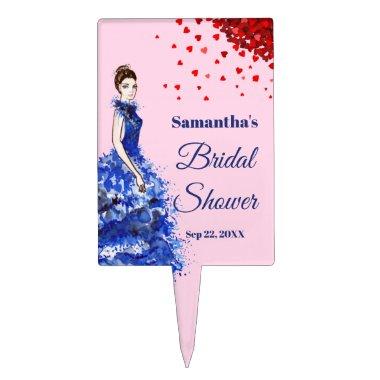 Bridal Shower Lady with Sparkly Blue Gown Hearts Cake Topper