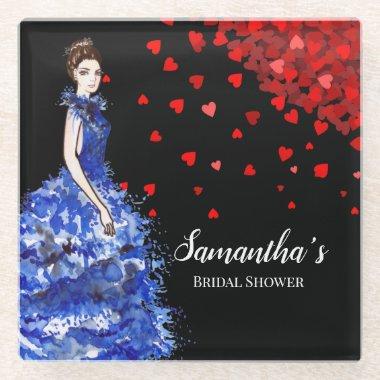 Bridal Shower Lady with Sparkly Blue Gown Hearts G Glass Coaster