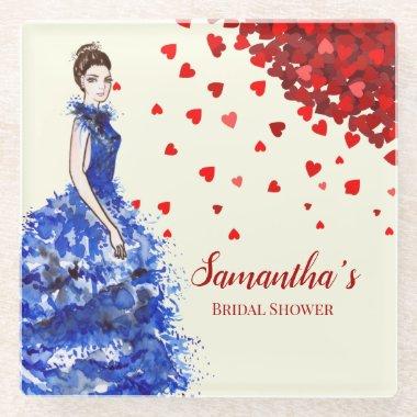 Bridal Shower Lady with Sparkly Blue Gown Hearts Glass Coaster
