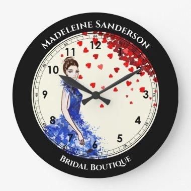 Bridal Shower Lady with Sparkly Blue Gown Hearts Large Clock