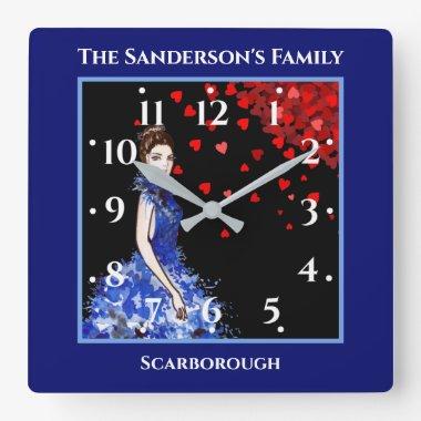 Bridal Shower Lady with Sparkly Blue Gown Hearts Square Wall Clock