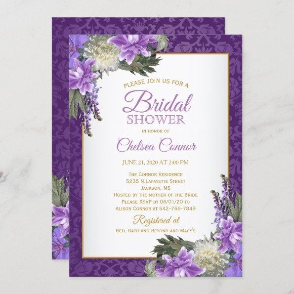 Bridal Shower -Lavender Purple Damask & Gold Invitations