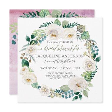 Bridal Shower Lavender White Roses Leaves Wreath Invitations