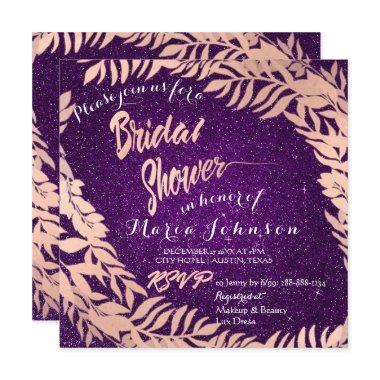 Bridal Shower Leafs Glitter Rose Gold Violet Purpl Invitations