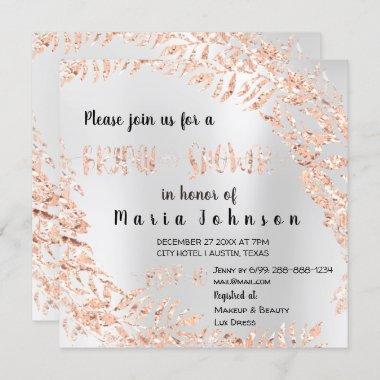Bridal Shower Leafs Wrath Glitter Pink Rose Silver Invitations