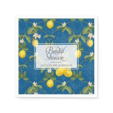 Bridal Shower Lemon Royal Blue White Citrus Floral Napkins