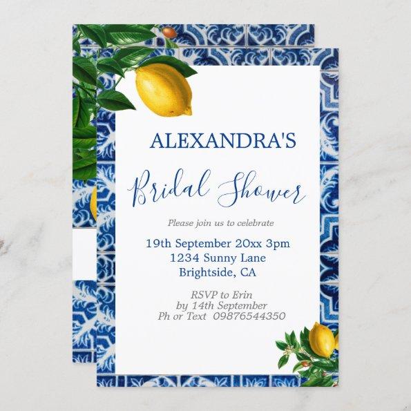 Bridal Shower Lemons Blue White Tuscan Tile Invitations