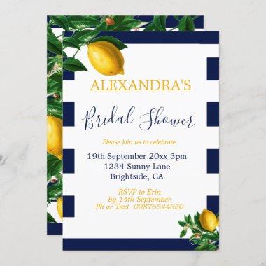 Bridal Shower Lemons Navy White Stripe Elegant Invitations