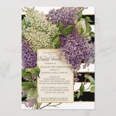 Bridal Shower Lilac Floral Vintage Wide Stripes Invitations