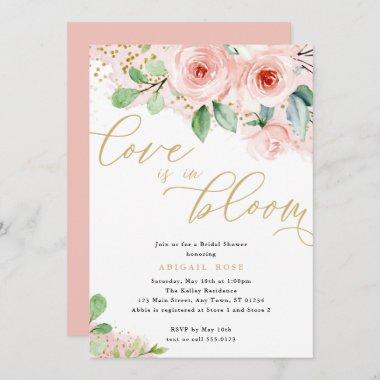 Bridal Shower Love in Bloom, Pink Gold Flowers Invitations