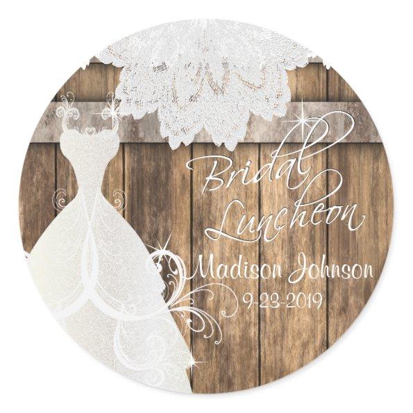 Bridal Shower Luncheon - Rustic Wood and Lace Classic Round Sticker