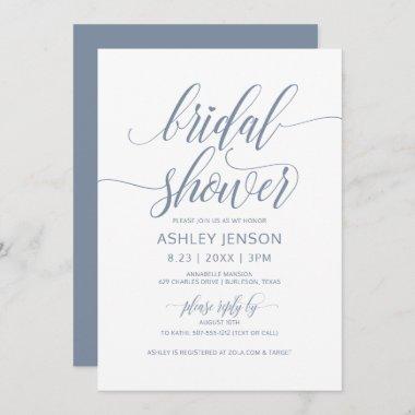 Bridal Shower Luxe Calligraphy Dusty Blue Floral Invitations