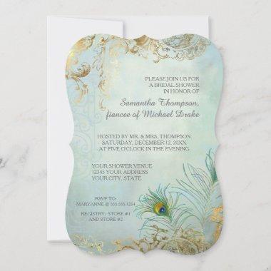 Bridal Shower Luxe Gold Peacock Feathers Elegant Invitations