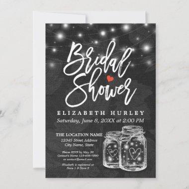 Bridal Shower Mason Jar String Lights Black Floral Invitations