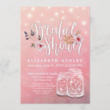 Bridal Shower Mason Jar String Lights Pink Flowers Invitations