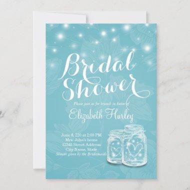 Bridal Shower Mason Jars String Lights Blue Floral Invitations