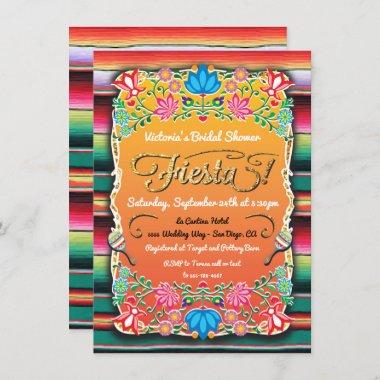 Bridal Shower Mexican Fiesta Party Gold Glitter Invitations