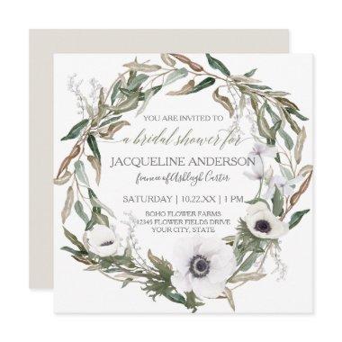 Bridal Shower Modern Anemone Olive Leaf Wreath Art Invitations