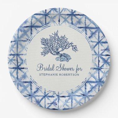 Bridal Shower Modern Beach Coral Indigo Shibori Paper Plates