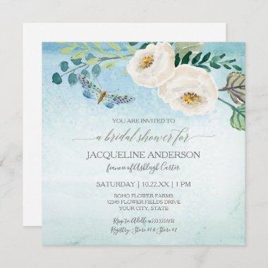 Bridal Shower Modern Butterfly Roses Blue Wreath Invitations