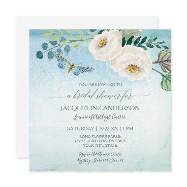 Bridal Shower Modern Butterfly Roses Blue Wreath Invitations