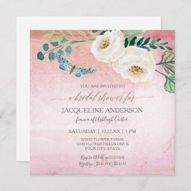 Bridal Shower Modern Butterfly Roses Pink Wreath Invitations