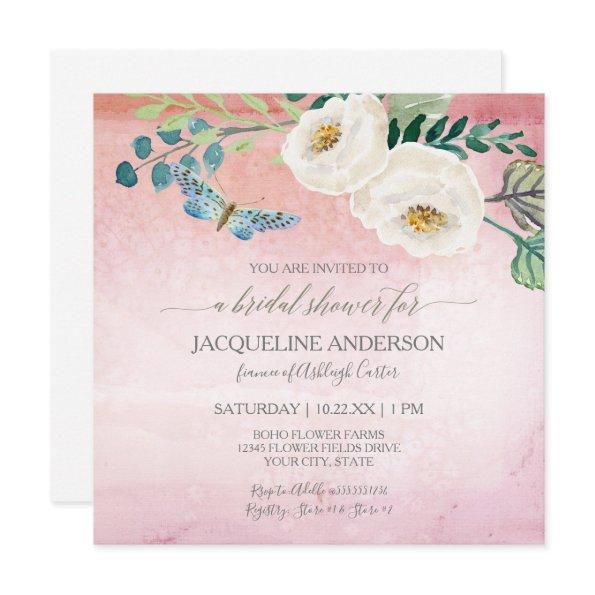 Bridal Shower Modern Butterfly Roses Pink Wreath Invitations