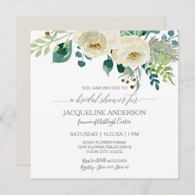 Bridal Shower Modern Ivory Roses Foliage Wreath Invitations