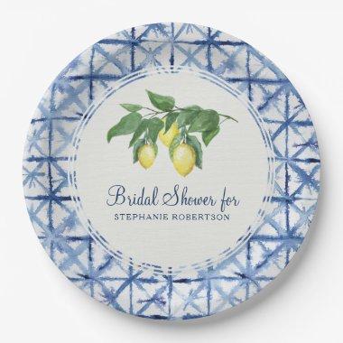 Bridal Shower Modern Lemon and Leaf Indigo Shibori Paper Plates