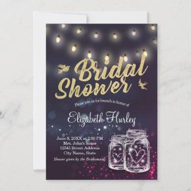 Bridal Shower Modern Mason Jar Purple String Light Invitations