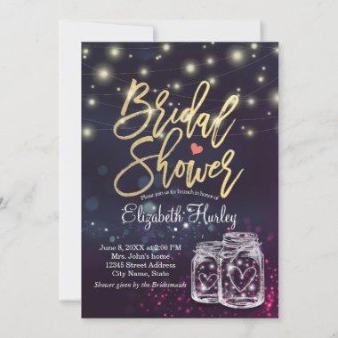 Bridal Shower Modern Mason Jar Purple String Light Invitations