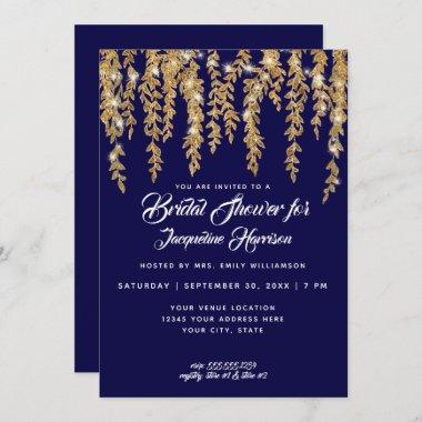 Bridal Shower Modern Navy Gold Twinkle Lights Invitations