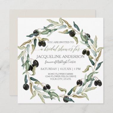 Bridal Shower Modern Olive Branch Leaf Wreath Invitations