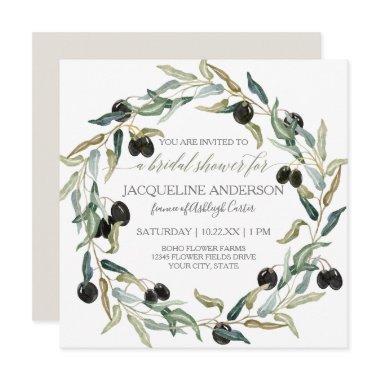 Bridal Shower Modern Olive Branch Leaf Wreath Invitations