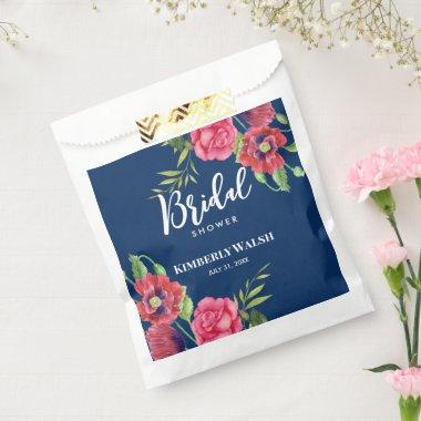 Modern Red Pink Floral on Navy Blue Favor Bag