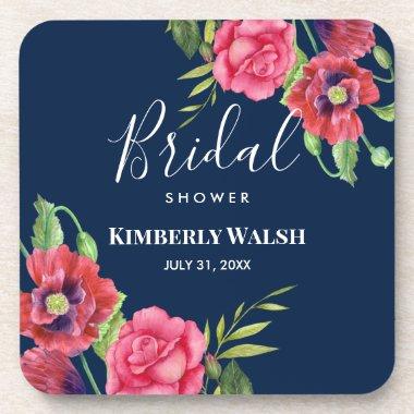 Modern Red Pink Flowers on Dark Navy Beverage Coaster
